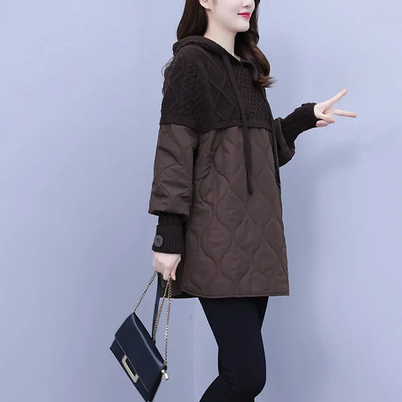 2025New Autumn Winter Splicing Sweater Women Jacket Long Sleeves Hooded Loose knitted Sweater Coat Female Thicken Warm Outerwear
