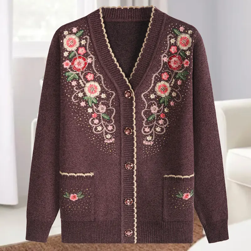 2025 Autumn Middle-aged And elderly Women's Sweater Cardigan Jackets New Casual V-neck Long Sleeve Coats Female Knitted Sweater