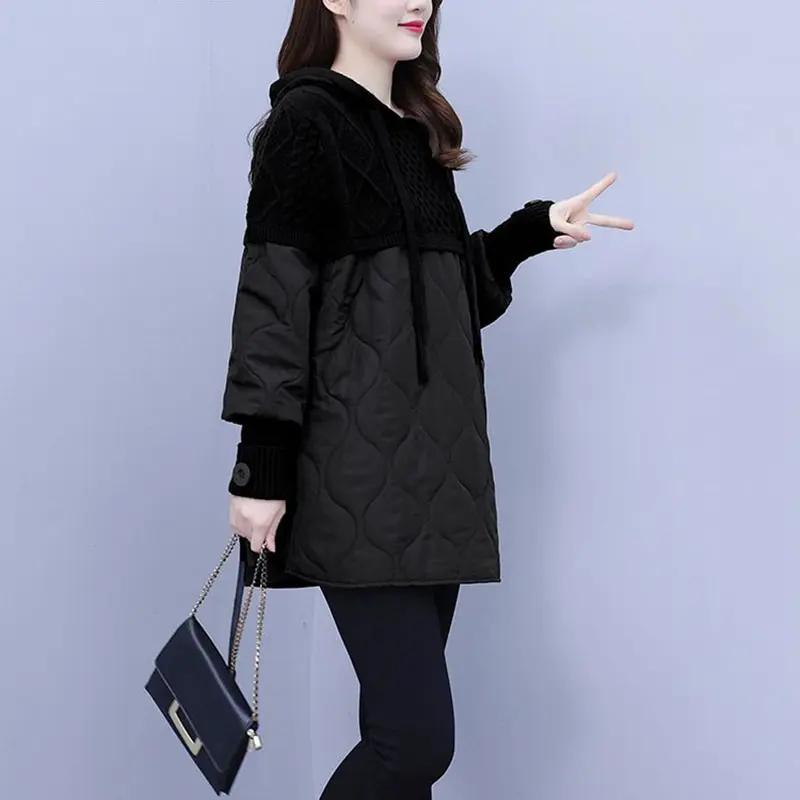 2025New Autumn Winter Splicing Sweater Women Jacket Long Sleeves Hooded Loose knitted Sweater Coat Female Thicken Warm Outerwear