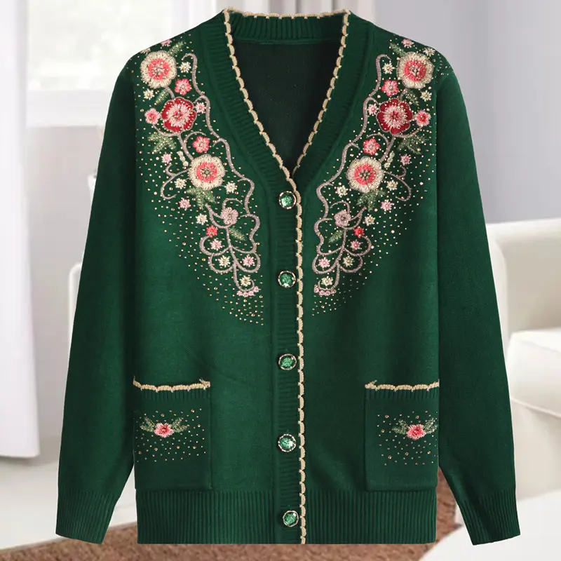 2025 Autumn Middle-aged And elderly Women's Sweater Cardigan Jackets New Casual V-neck Long Sleeve Coats Female Knitted Sweater