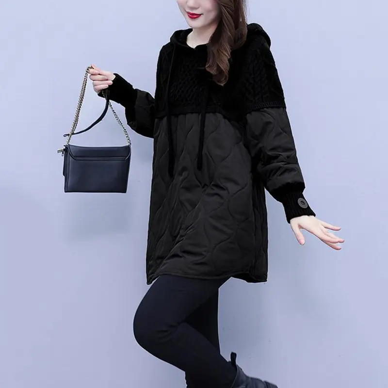 2025New Autumn Winter Splicing Sweater Women Jacket Long Sleeves Hooded Loose knitted Sweater Coat Female Thicken Warm Outerwear