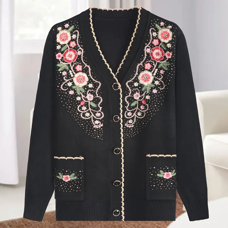 2025 Autumn Middle-aged And elderly Women's Sweater Cardigan Jackets New Casual V-neck Long Sleeve Coats Female Knitted Sweater