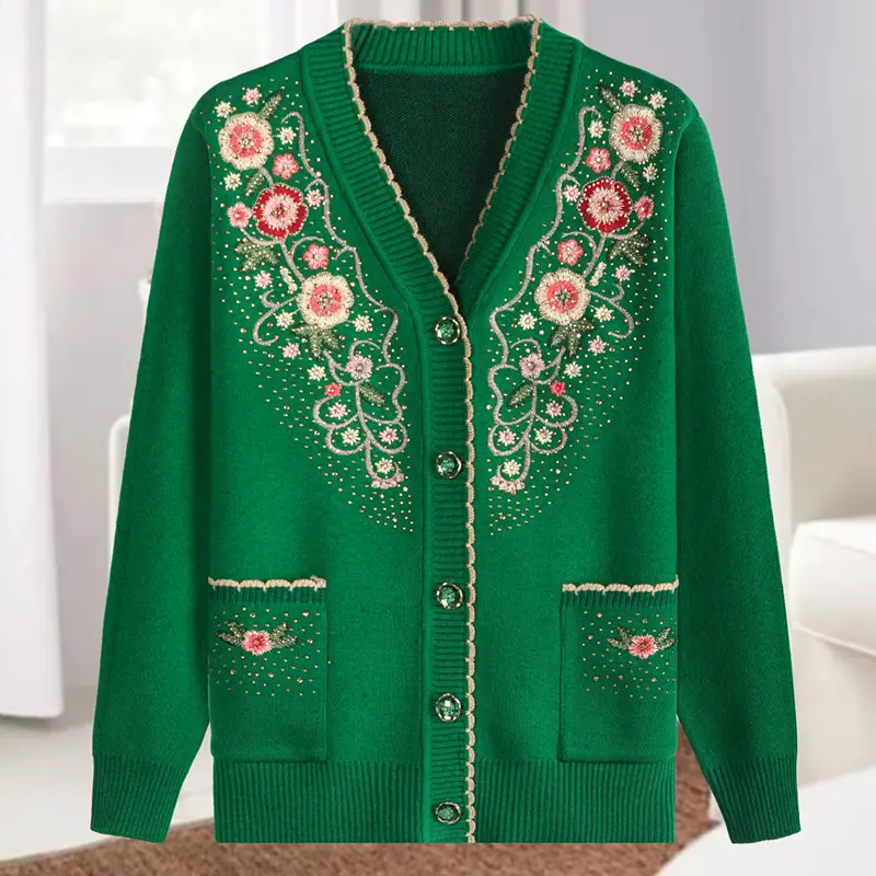 2025 Autumn Middle-aged And elderly Women's Sweater Cardigan Jackets New Casual V-neck Long Sleeve Coats Female Knitted Sweater