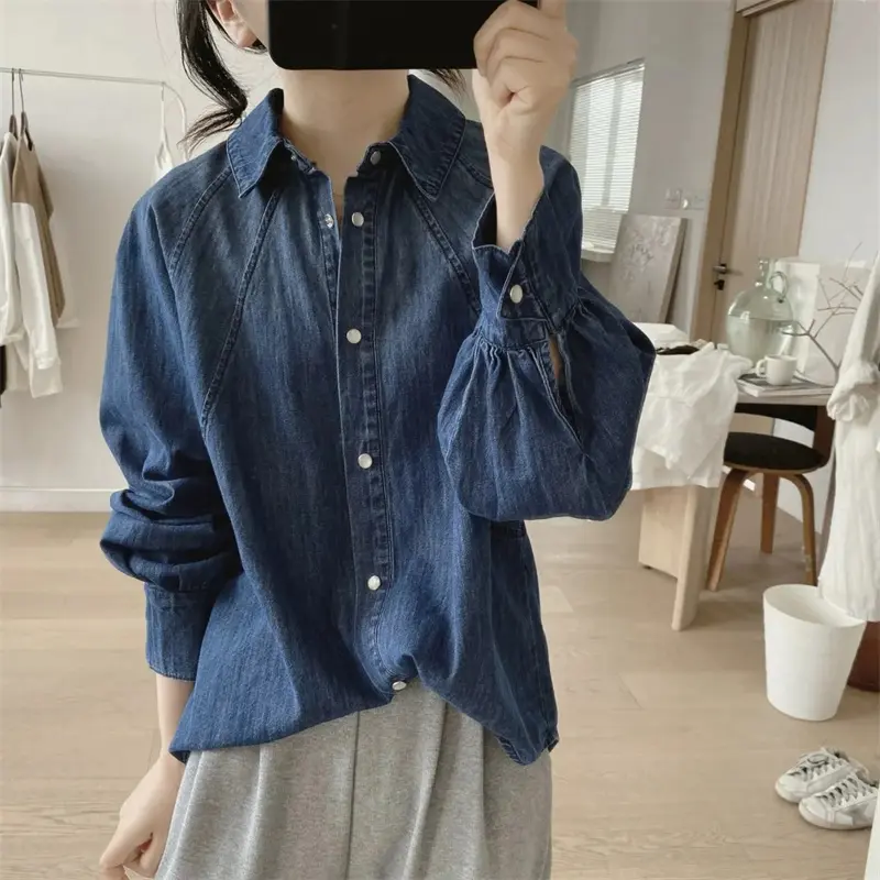 Spring Autumn Korean 2025 New Retro Temperament Denim Shirts Women  Casual All-Match Long Sleeve Loose Ladies Blouse Top