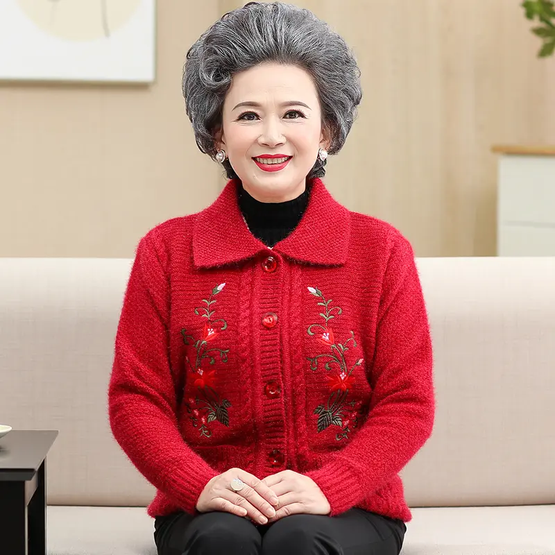 2025 Elderly Autumn Winter Women sweater cardigan mother loaded sweater jacket Female Add cashmere Thicken Button Knit Cardigan