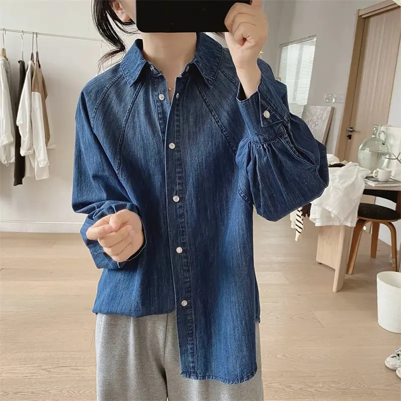 Spring Autumn Korean 2025 New Retro Temperament Denim Shirts Women  Casual All-Match Long Sleeve Loose Ladies Blouse Top