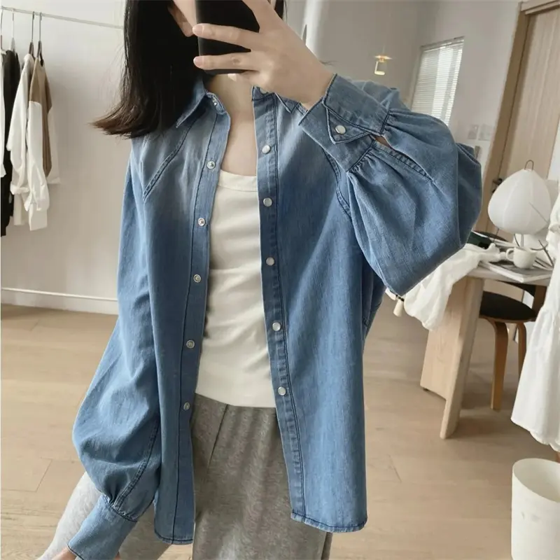 Spring Autumn Korean 2025 New Retro Temperament Denim Shirts Women  Casual All-Match Long Sleeve Loose Ladies Blouse Top