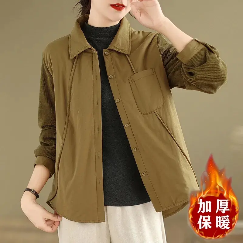 New Autumn Winter Lightweight Stitching Retro Solid Cotton Shirt Women Padded Lapels Single-Breasted Comfortable Jacket Lady Top
