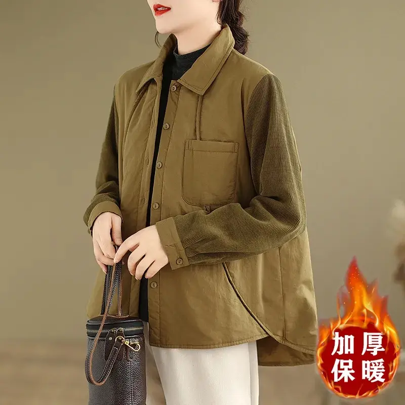 New Autumn Winter Lightweight Stitching Retro Solid Cotton Shirt Women Padded Lapels Single-Breasted Comfortable Jacket Lady Top