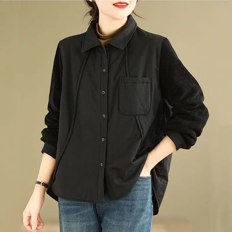 New Autumn Winter Lightweight Stitching Retro Solid Cotton Shirt Women Padded Lapels Single-Breasted Comfortable Jacket Lady Top