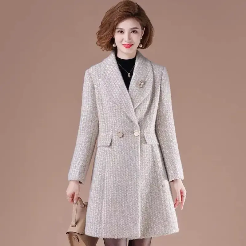 2023 New Autumn Winter Imitate Mink Velvet Woolen Jacket Women Mid Aged Double-Breasted Coat Female Casual Overcoat Ladies Tops