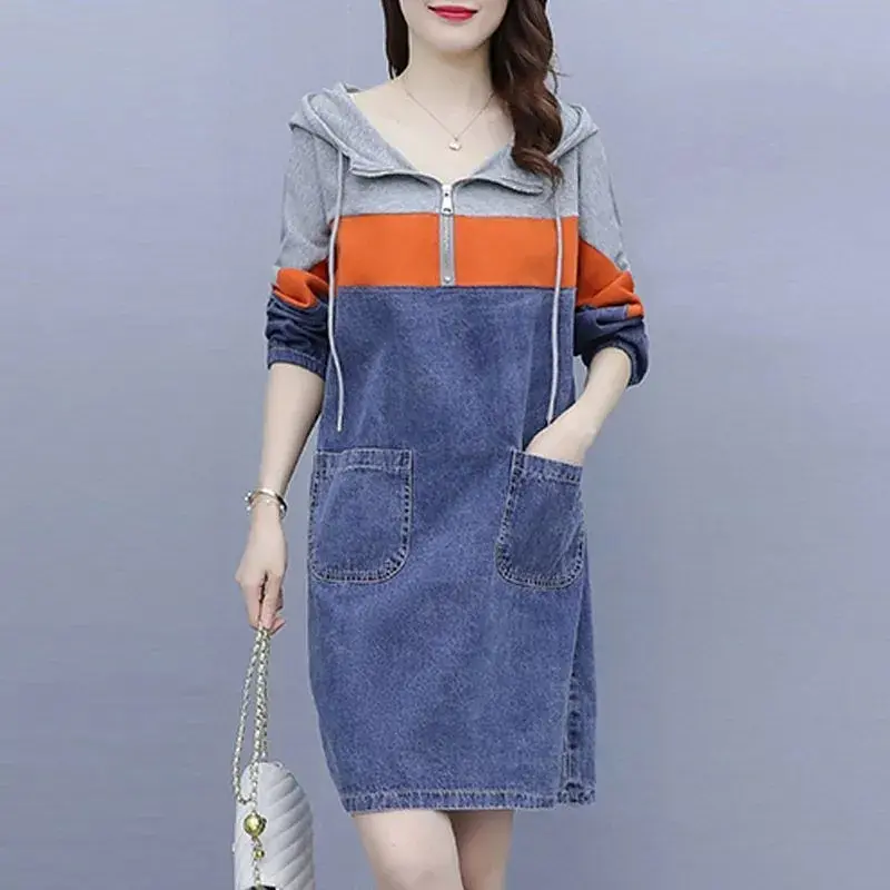 Cowboy Long Sleeve Dress 2025 Spring Autumn New Women's Coat Loose Slim Contrast Stitching Hooded Temperament Denim Female Skirt