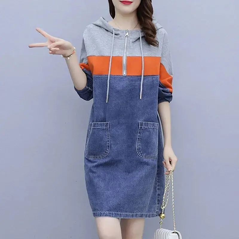 Cowboy Long Sleeve Dress 2025 Spring Autumn New Women's Coat Loose Slim Contrast Stitching Hooded Temperament Denim Female Skirt