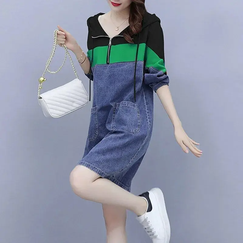 Cowboy Long Sleeve Dress 2025 Spring Autumn New Women's Coat Loose Slim Contrast Stitching Hooded Temperament Denim Female Skirt