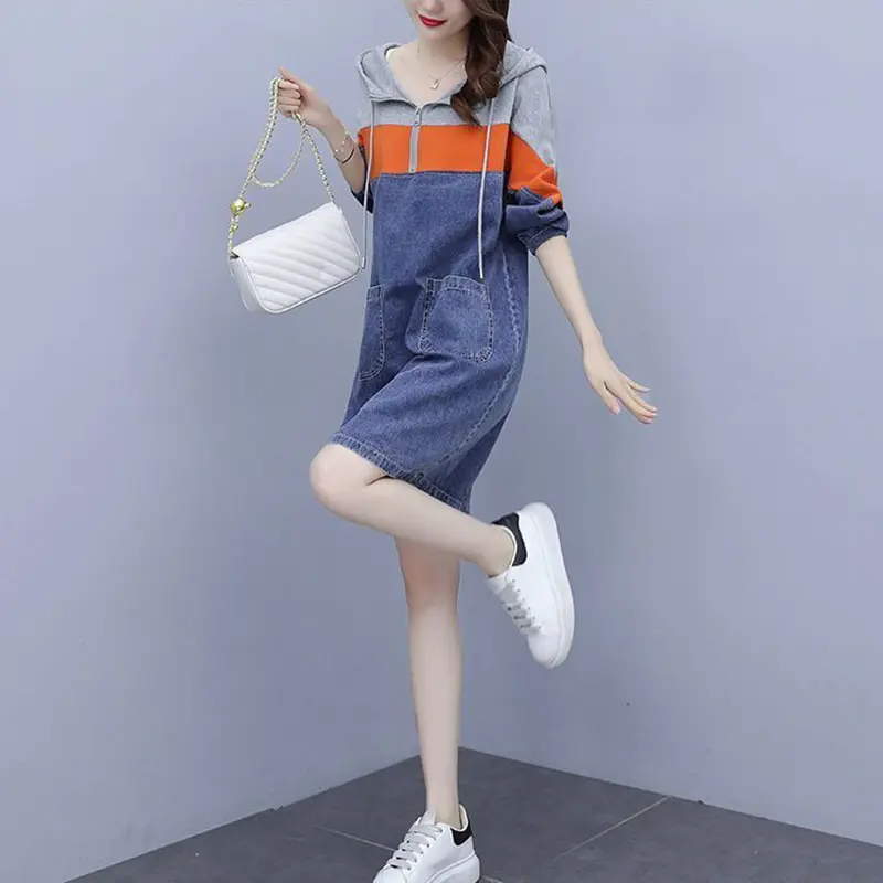 Cowboy Long Sleeve Dress 2025 Spring Autumn New Women's Coat Loose Slim Contrast Stitching Hooded Temperament Denim Female Skirt