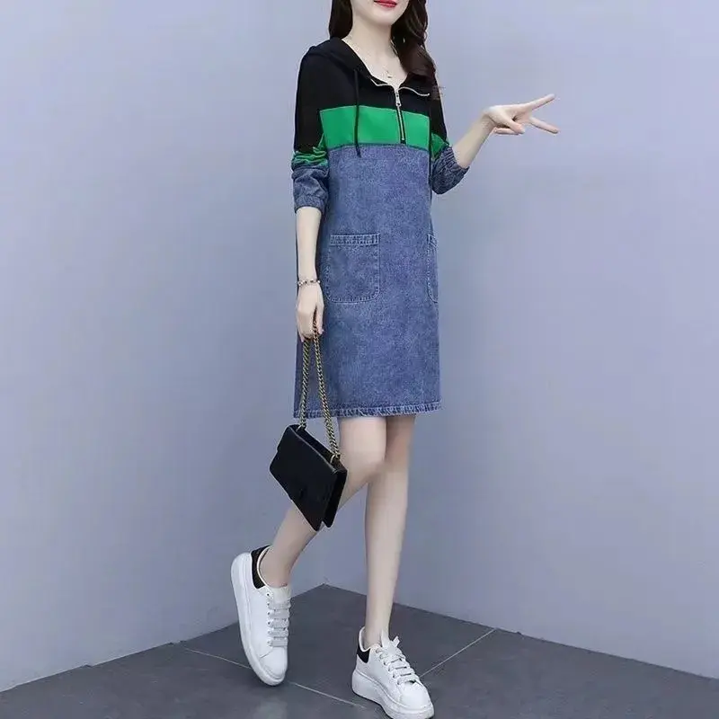 Cowboy Long Sleeve Dress 2025 Spring Autumn New Women's Coat Loose Slim Contrast Stitching Hooded Temperament Denim Female Skirt