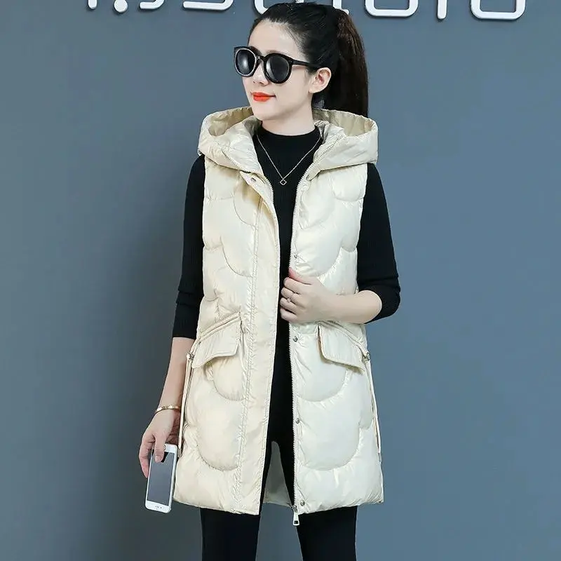 2023New Winter Glossy Down Cotton Vest Jacket Women Korean Sleeveless Warm Parka Female Vest Hooded Mid Long Waistcoat Outerwear
