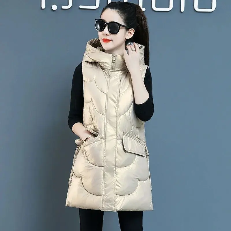 2023New Winter Glossy Down Cotton Vest Jacket Women Korean Sleeveless Warm Parka Female Vest Hooded Mid Long Waistcoat Outerwear
