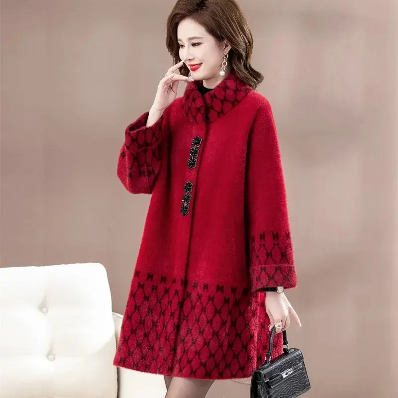 Middle Aged Mother New 2025 Imitation Mink Velvet Coat Women Autumn Winter Thicken Warm Woolen Coats Female Overcoat  Jacket