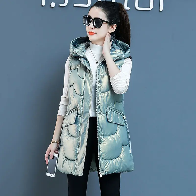 2023New Winter Glossy Down Cotton Vest Jacket Women Korean Sleeveless Warm Parka Female Vest Hooded Mid Long Waistcoat Outerwear