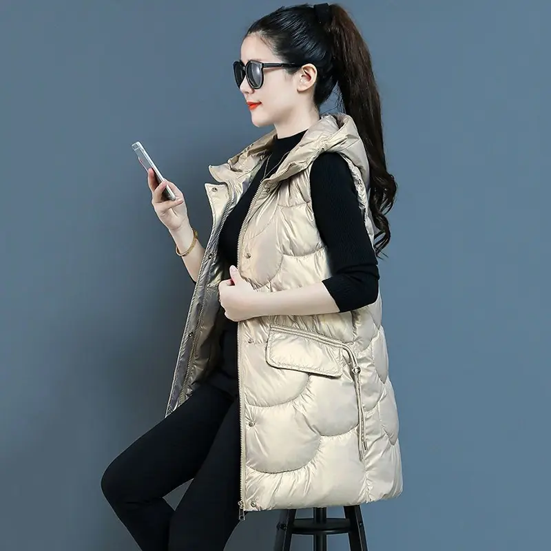 2023New Winter Glossy Down Cotton Vest Jacket Women Korean Sleeveless Warm Parka Female Vest Hooded Mid Long Waistcoat Outerwear