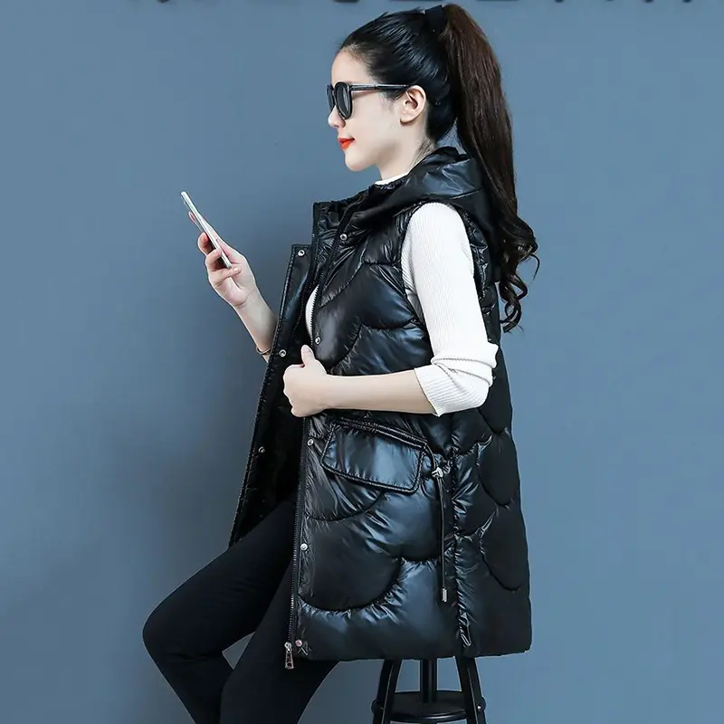 2023New Winter Glossy Down Cotton Vest Jacket Women Korean Sleeveless Warm Parka Female Vest Hooded Mid Long Waistcoat Outerwear