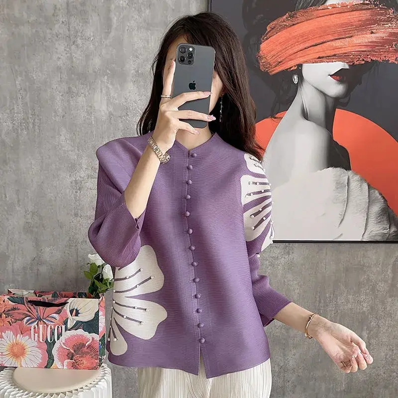Female New Pleated Fashion Cardigan Blouse Women's Spring And Summer Temperament Loose Beaded Bat Sleeve Print Slim Ladies Shirt