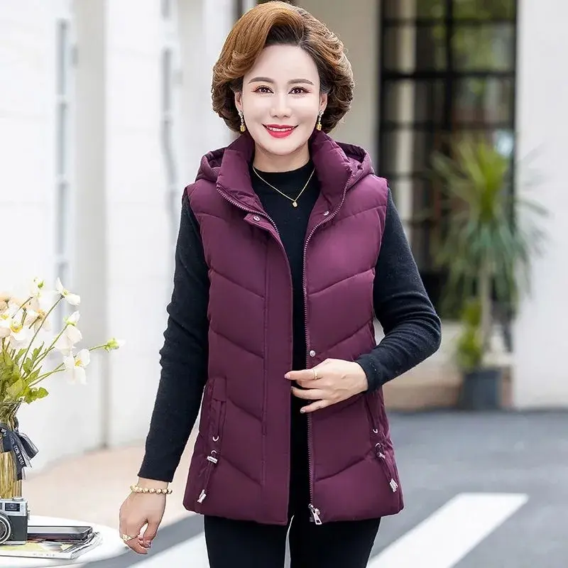 2024 New Winter Parkas Vest Jacket Women Middle Aged Waistcoat Sleeves Down Cotton Plus Velvet Warm Coats Female Casual Overcoat