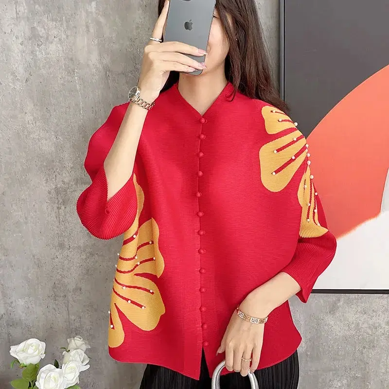 Female New Pleated Fashion Cardigan Blouse Women's Spring And Summer Temperament Loose Beaded Bat Sleeve Print Slim Ladies Shirt