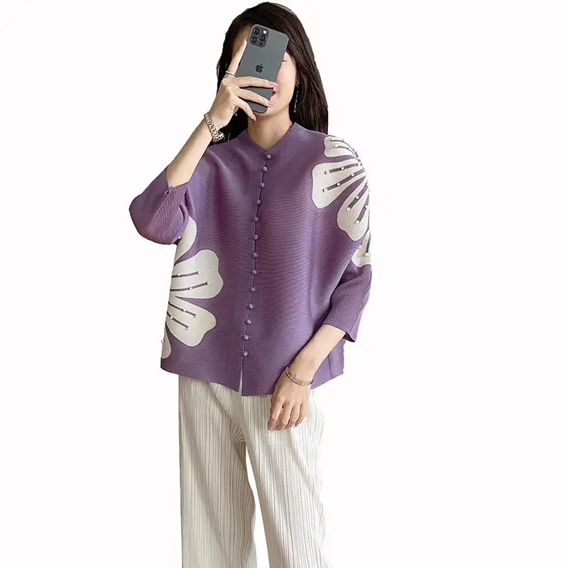 Female New Pleated Fashion Cardigan Blouse Women's Spring And Summer Temperament Loose Beaded Bat Sleeve Print Slim Ladies Shirt