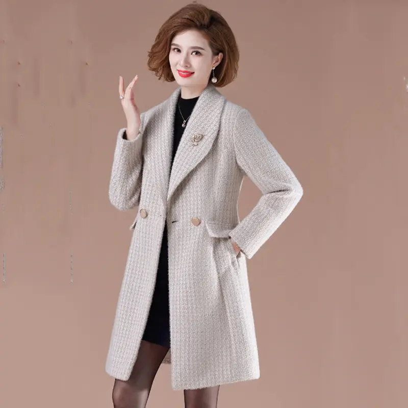 2023 New Autumn Winter Imitate Mink Velvet Woolen Jacket Women Mid Aged Double-Breasted Coat Female Casual Overcoat Ladies Tops