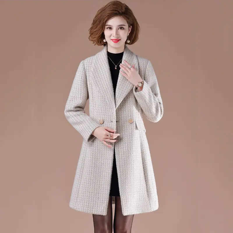 2023 New Autumn Winter Imitate Mink Velvet Woolen Jacket Women Mid Aged Double-Breasted Coat Female Casual Overcoat Ladies Tops