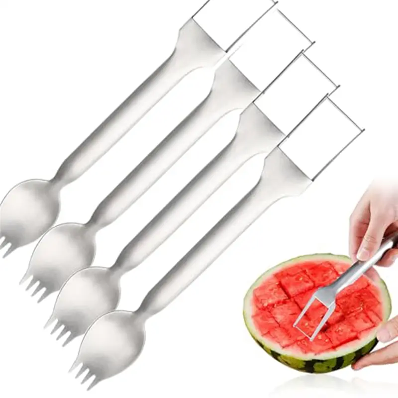 HGHO 2 In 1 Stainless Steel Fruit Cutter Watermelon Fork Slicer Cutter Camping Kitchen Gadgets (4 Pieces)