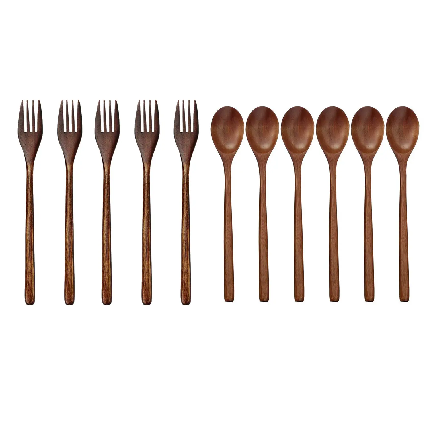 HGHO 11 Pcs Tableware: 5 Pcs Wooden Forks Eco-Friendly Japanese Wood Salad Dinner Fork & 6 Pcs Wooden Spoons Soup Spoons