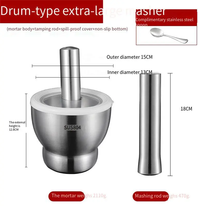 HGHO 304 Stainless Steel Masher Solid Garlic Masher Household Grinding Masher Garlic Masher Garlic Mortar Grinding Bowl