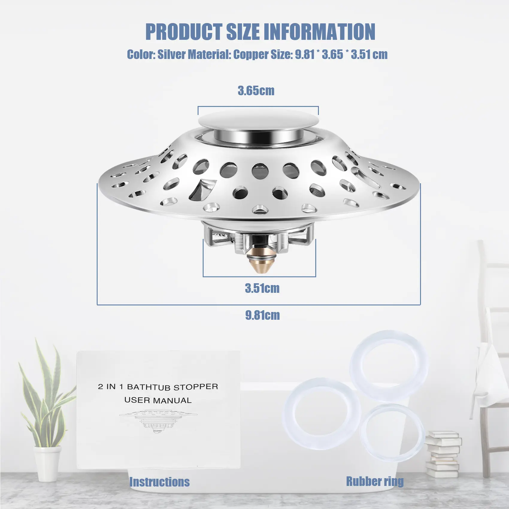 HGHO 2 In 1 Bathtub Stopper With Drain Hair Catcher, Anti-Clogging Tub Stopper With Dual Filtration, For 1.4-2.0In Drain Hole