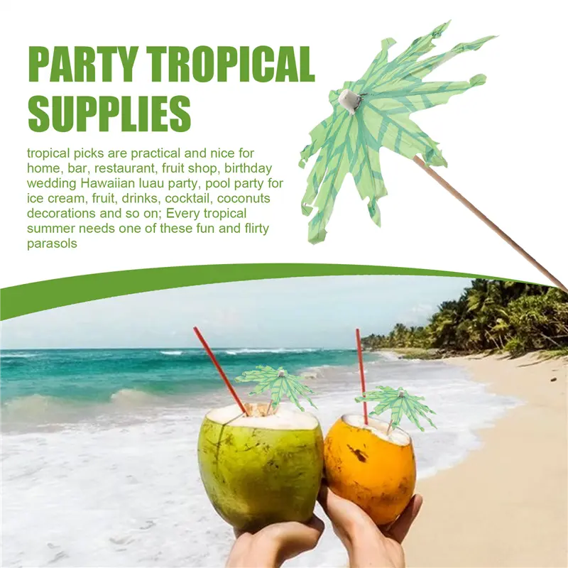 HGHO 60 Pieces Green Tropical Coconut Palm Tree Paper Umbrellas Picks Cocktail Parasols Cupcake Picks For Hawaiian Party