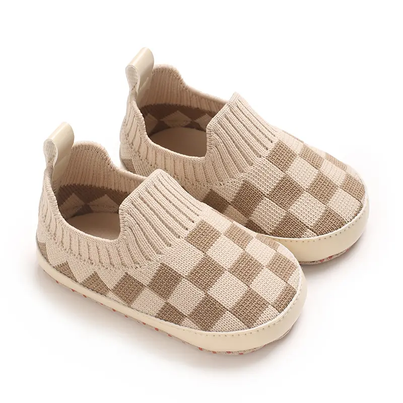 1 Pair Unisex Infant Casual Slip-On Shoes, Plaid & Solid Color, Comfortable Lightweight Non-Slip Walking Footwear for Indoor