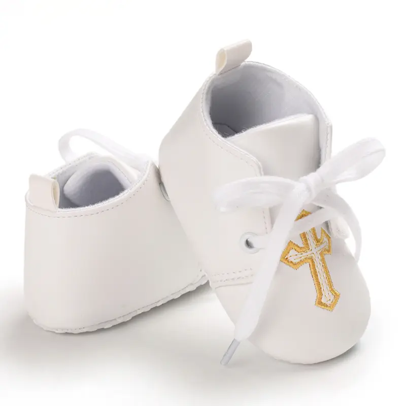 Soft & Comfy Baby Shoes for Boys and Girls - White Cross Baptism Design, Lace-Up, Non-Slip Sole, Perfect for Spring & Autumn