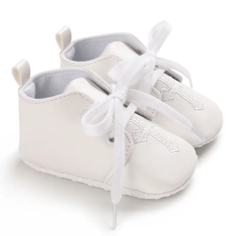 Soft & Comfy Baby Shoes for Boys and Girls - White Cross Baptism Design, Lace-Up, Non-Slip Sole, Perfect for Spring & Autumn