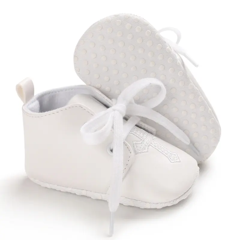 Soft & Comfy Baby Shoes for Boys and Girls - White Cross Baptism Design, Lace-Up, Non-Slip Sole, Perfect for Spring & Autumn