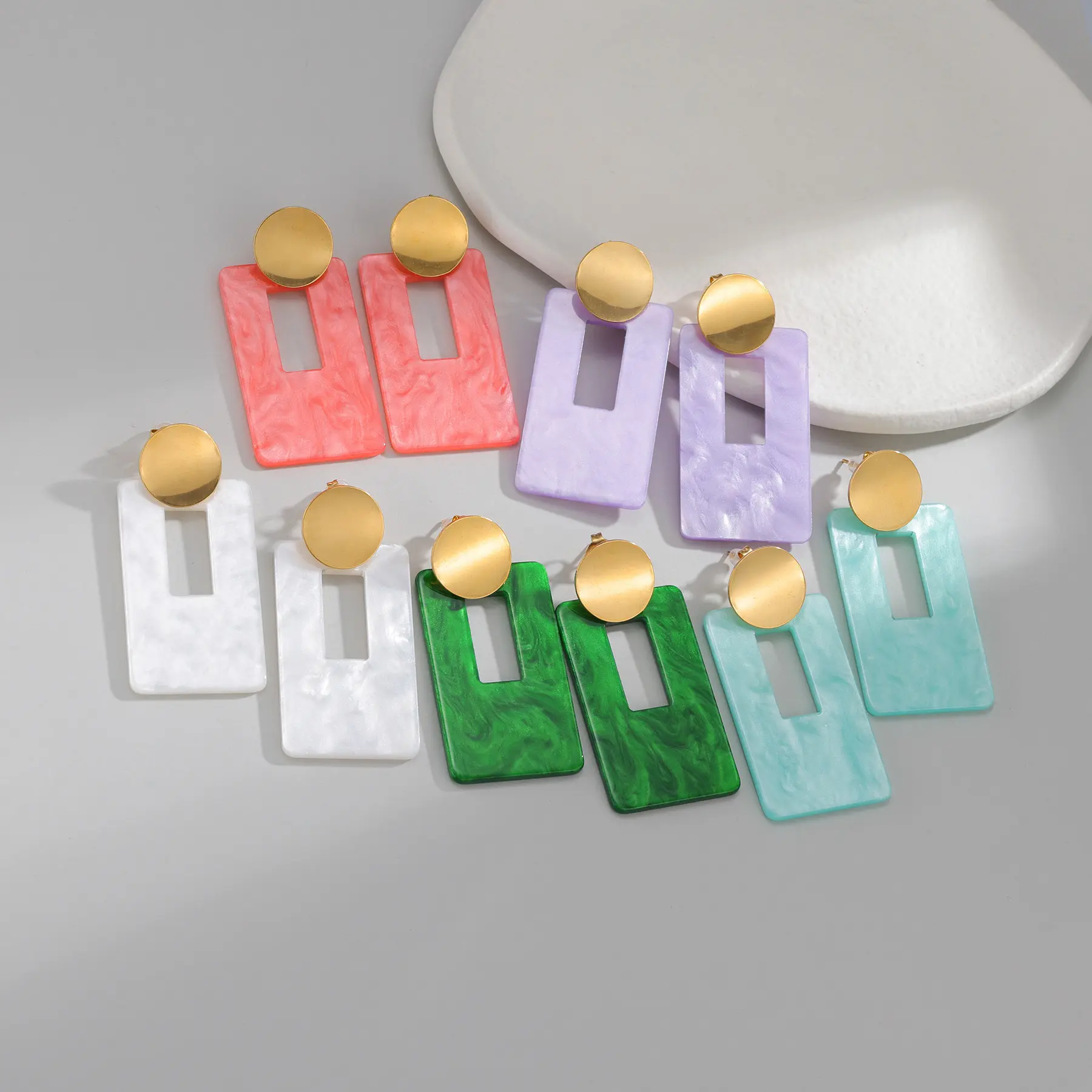 Freeteeme High-End Various Color Geometric Hollow Earrings for Women Stainless Steel Acrylic Dangle Earrings Party Jewelry Gift
