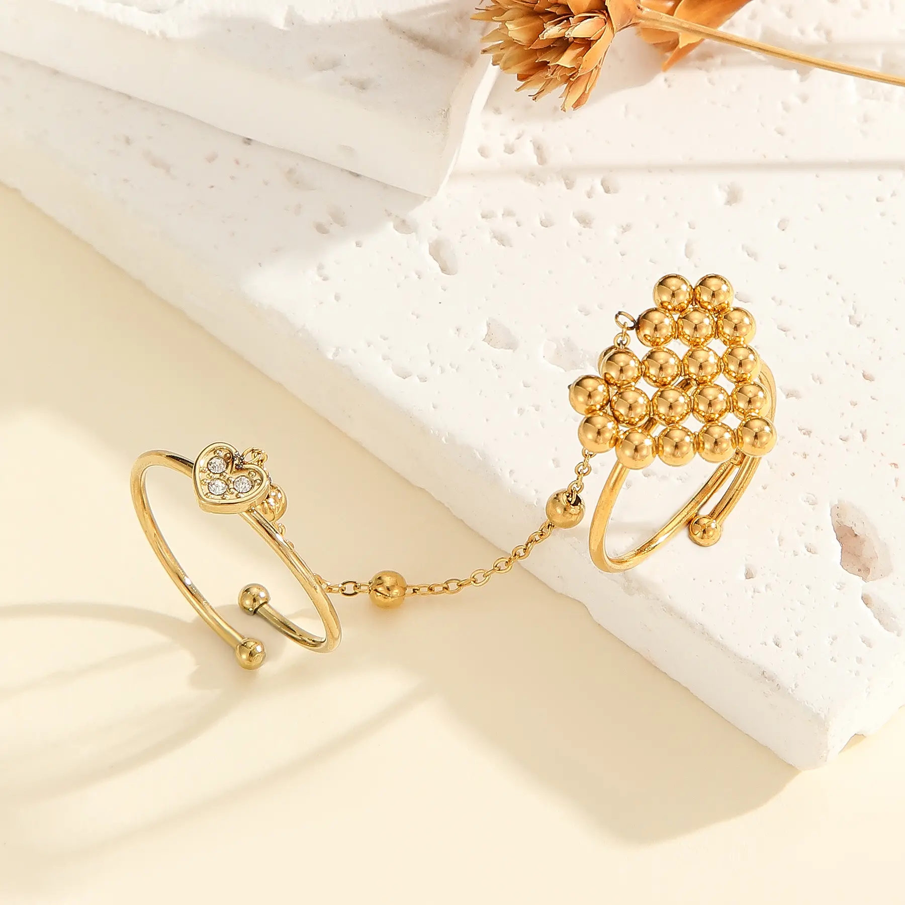 Freeteeme New Fashion Double Finger Ring Set for Women Stainless Steel Multi Style Open Rings Gold Color Jewelry Birthday Gifts
