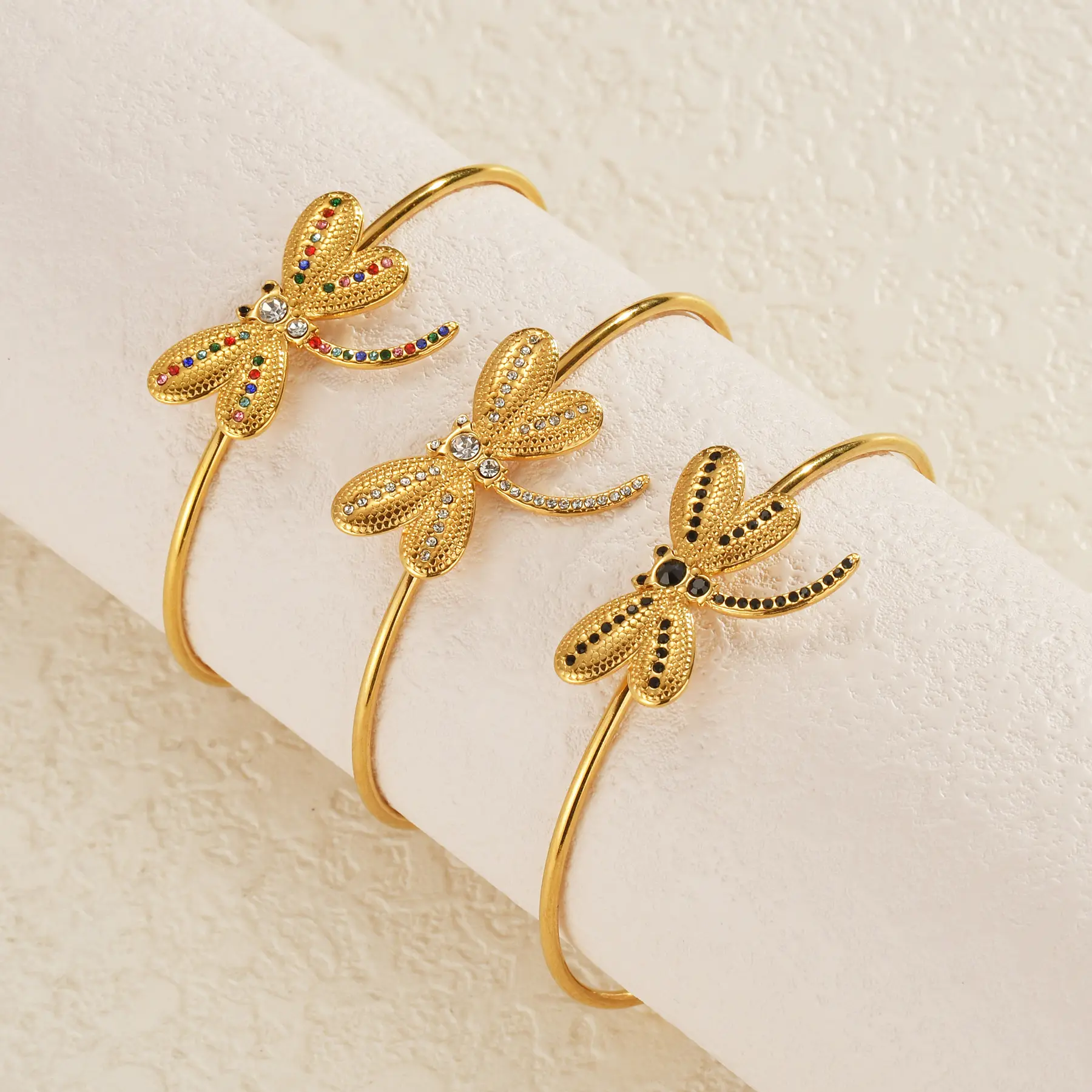 Freeteeme Luxury Zircon Dragonfly Bangle for Women Stainless Steel Gold Color Adjustable Couple Bracelet Fine Jewelry Cuffs Gift