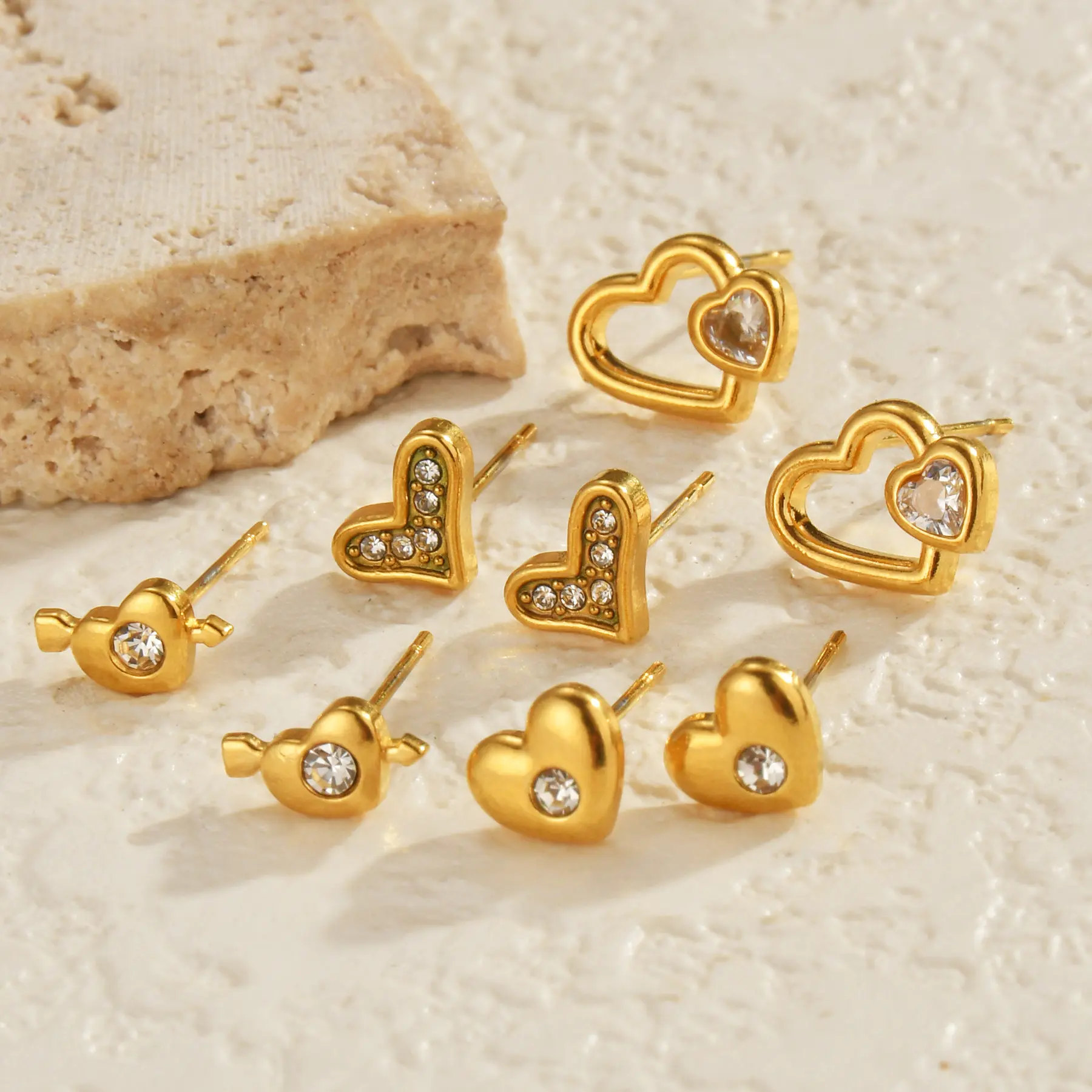 Freeteeme Multiple Styles Stud Earring for Women Gold Color Stainless Steel Zircon Heart Butterfly Earrings Wedding Jewelry Gift