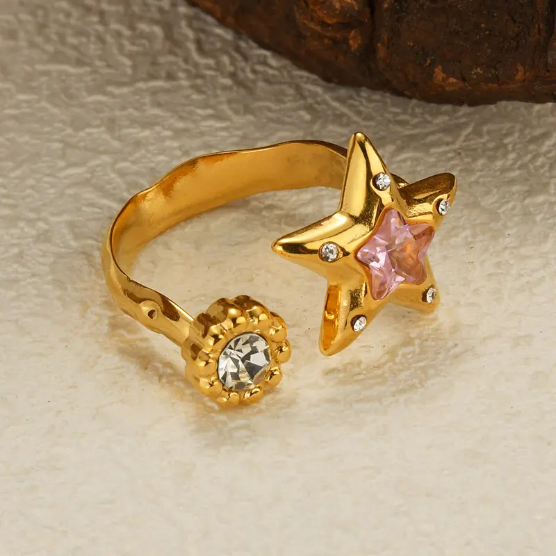 Freeteeme Retro Various Styles Natural Zircon Ring for Women Men Stainless Steel Gold Color Open Size Anillo Couple Jewelry Gift