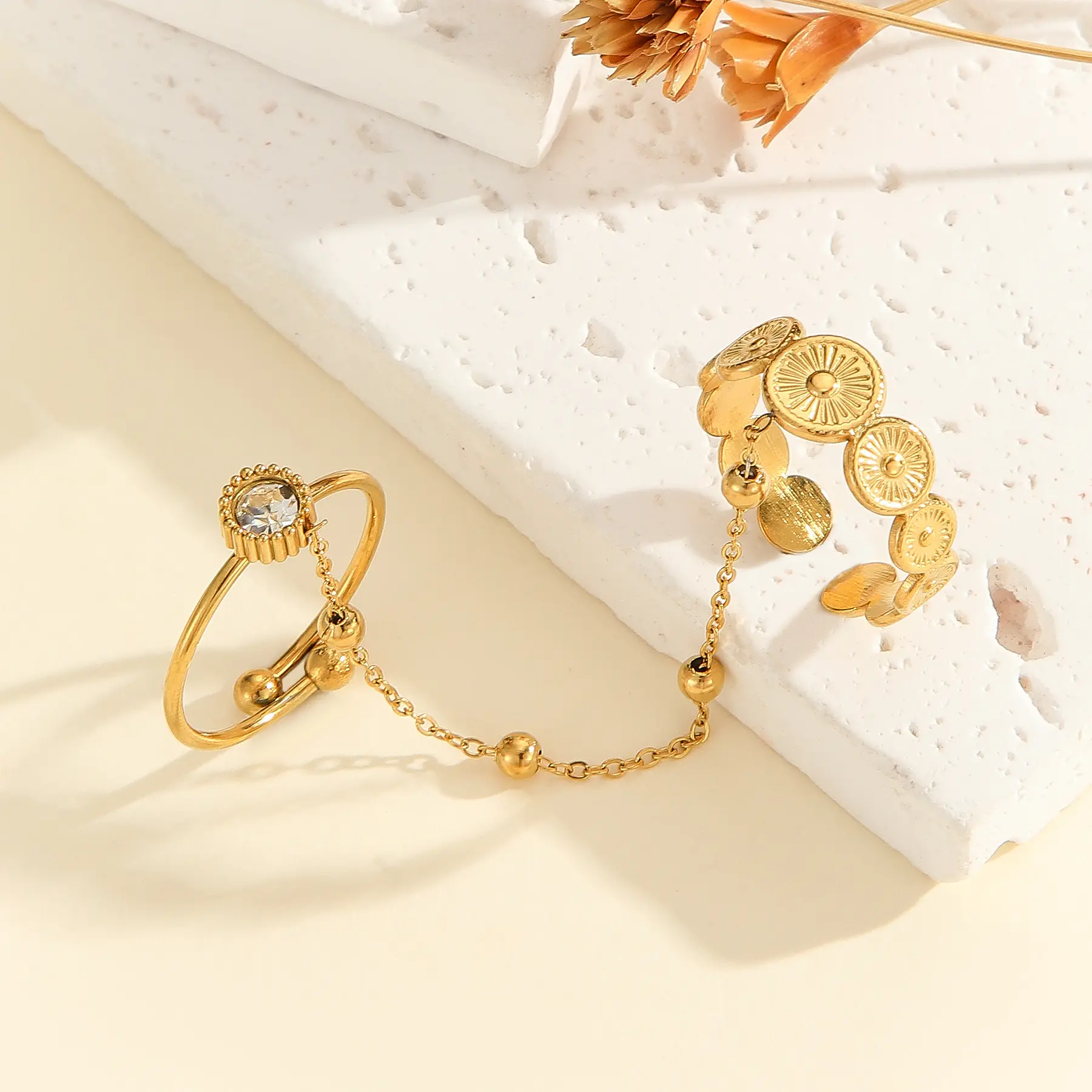 Freeteeme New Fashion Double Finger Ring Set for Women Stainless Steel Multi Style Open Rings Gold Color Jewelry Birthday Gifts
