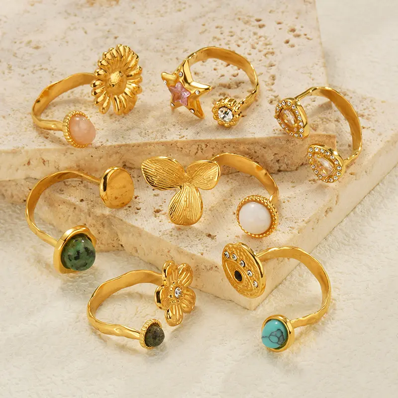 Freeteeme Retro Various Styles Natural Zircon Ring for Women Men Stainless Steel Gold Color Open Size Anillo Couple Jewelry Gift