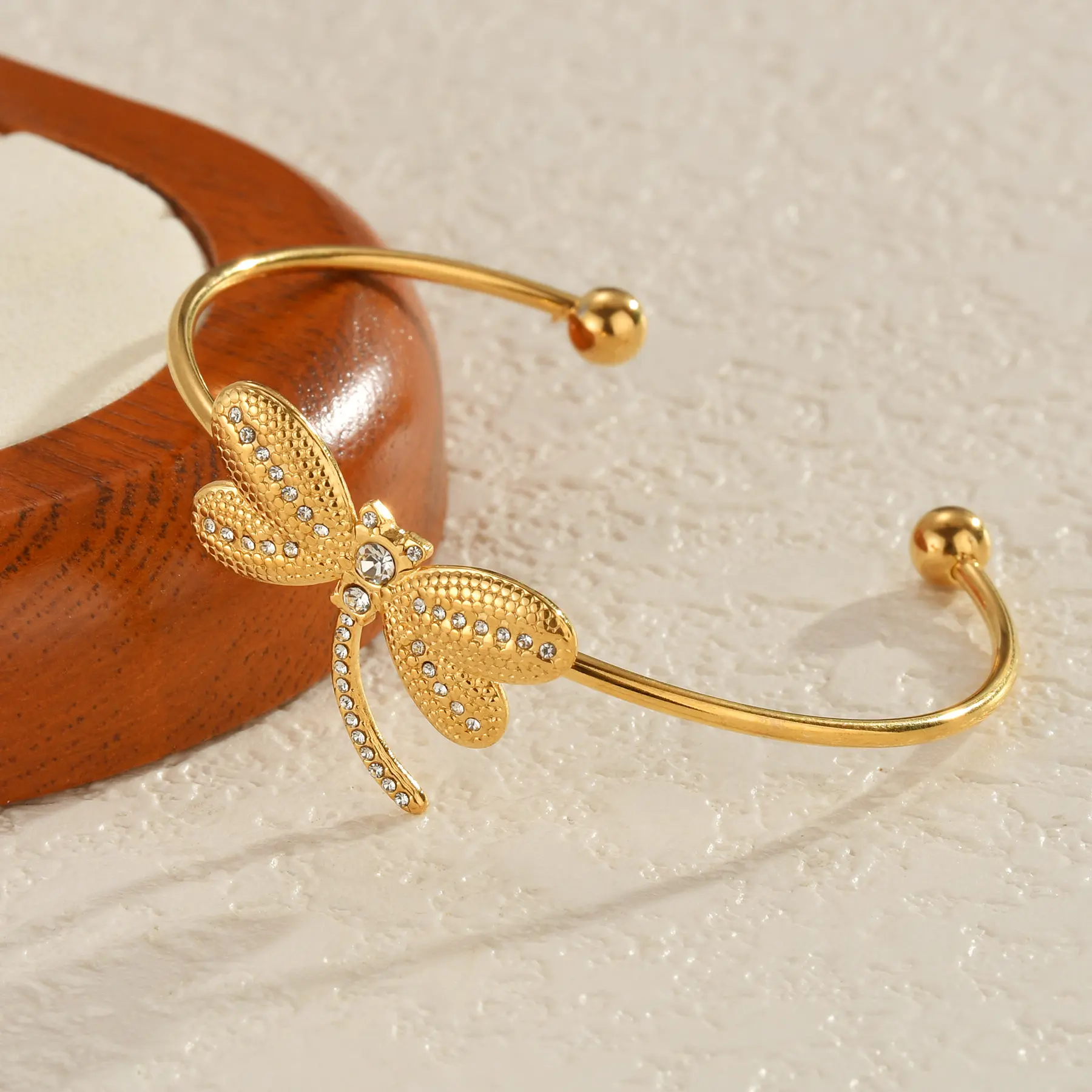 Freeteeme Luxury Zircon Dragonfly Bangle for Women Stainless Steel Gold Color Adjustable Couple Bracelet Fine Jewelry Cuffs Gift