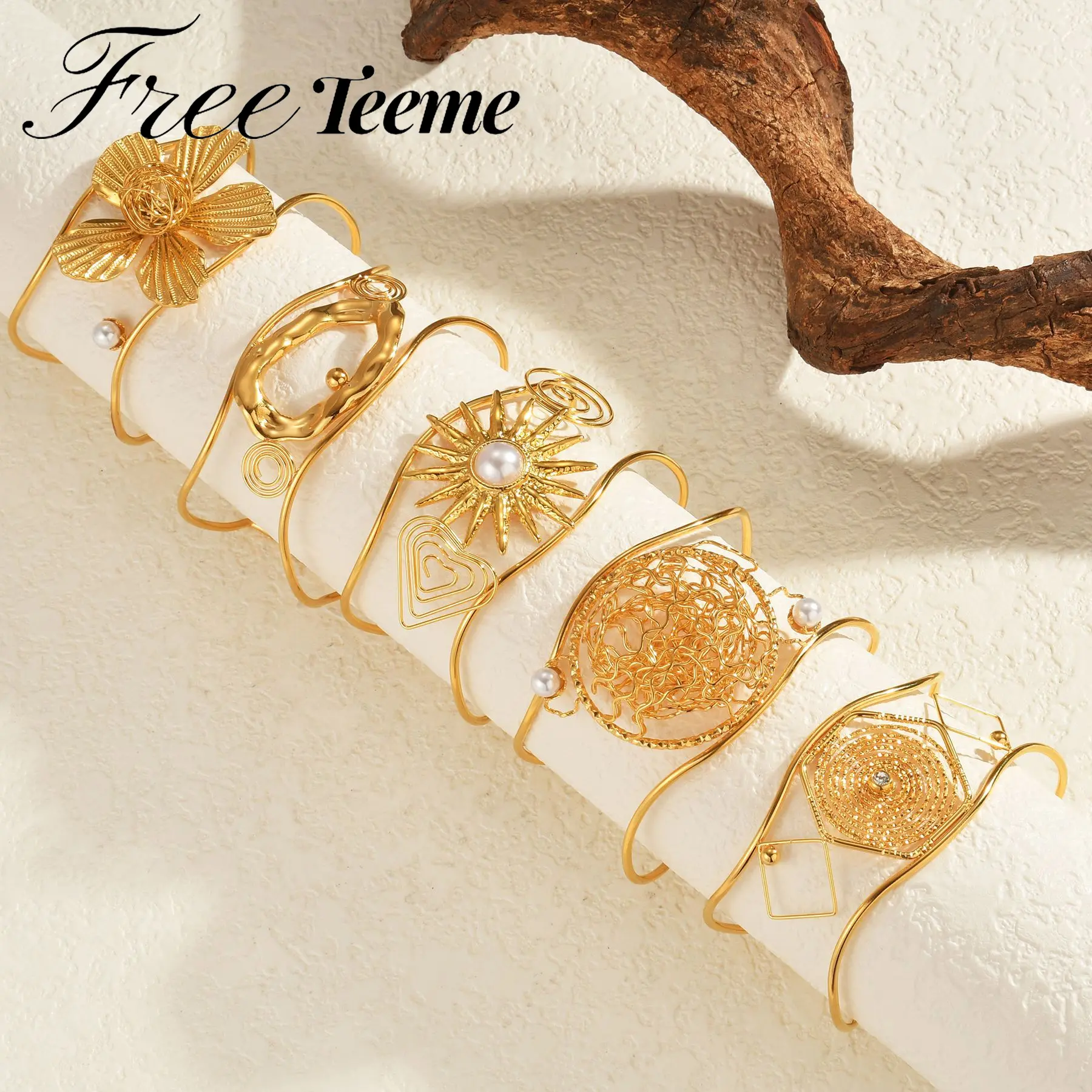 Freeteeme Exaggerated Wide Bangle for Women Men Stainless Steel Hollow Bead Bracelet Fashion Gold-plated Jewelry Christmas Gift